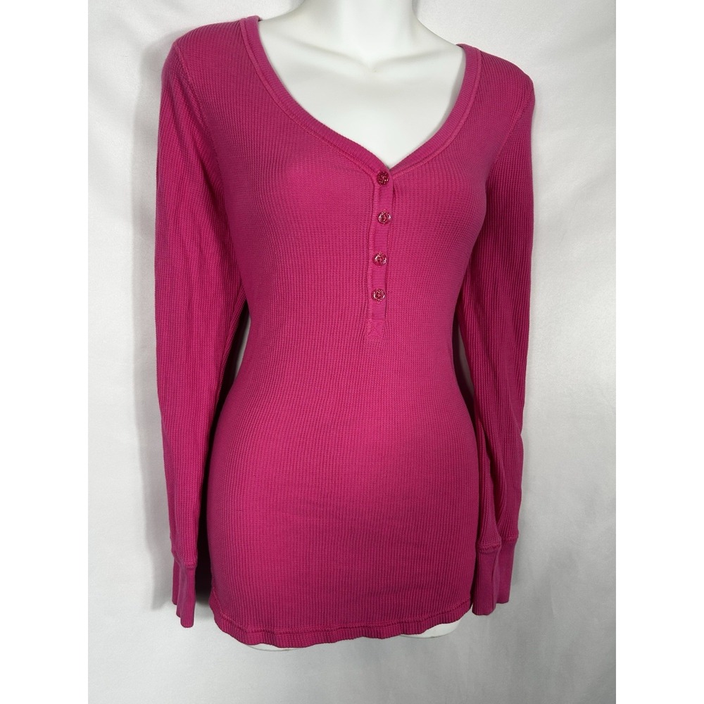 Y2K Waffle Thermal Henley Shirt Fitted Size XL Long Sleeve Pink Glitter Buttons
